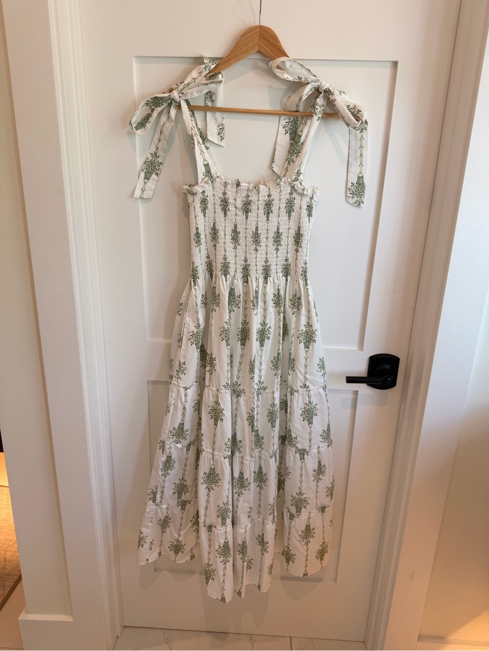 Hill House White Midi Dress with Green Floral Print Ribbon Ellie
